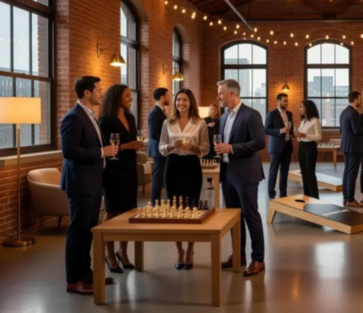 Koláž fotografií z moderních firemních eventů v loft stylu